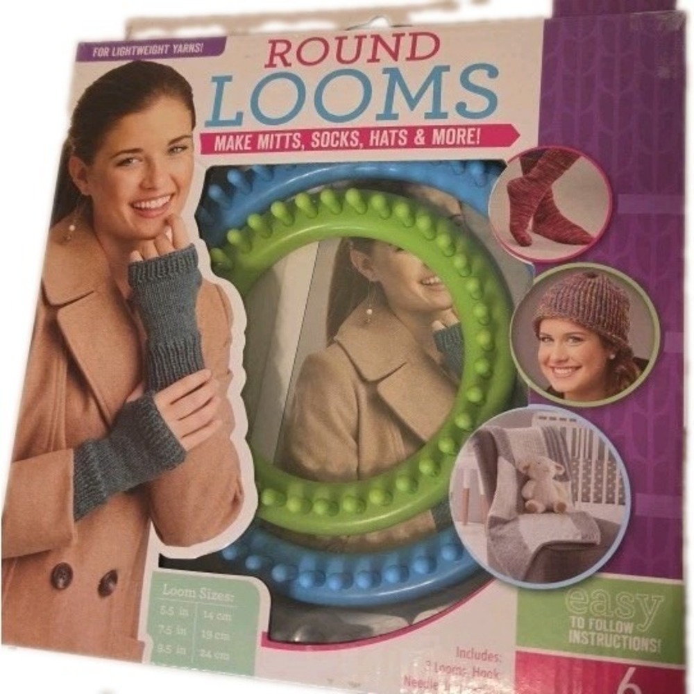 Round Knitting Loom Set Leisure Arts 3 Looms Hook Needle Instructions Sealed